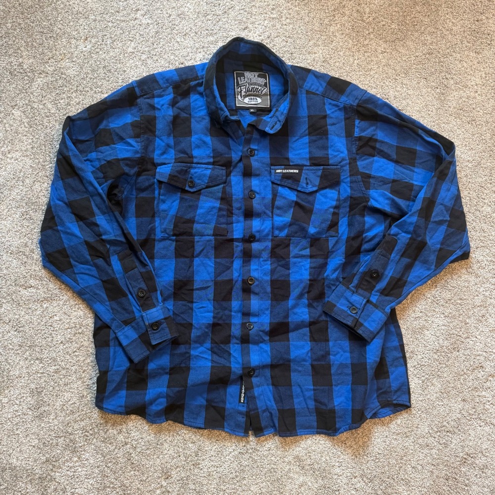 Hot Leathers Mens XL Blue Black Buffalo Plaid Heavyweight Cotton Flannel Shirt